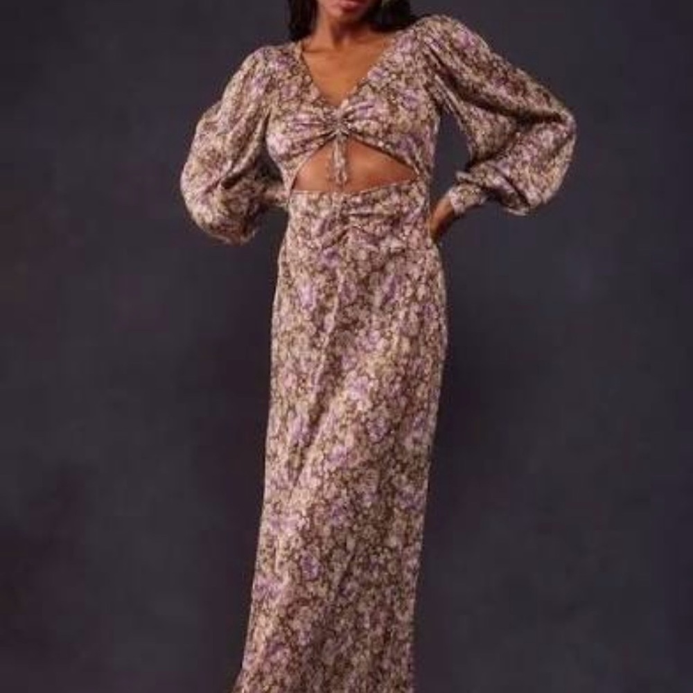NWT For Love & Lemons Wynne Maxi Dress Size XXS Purple Tinsel Long‎ Sleeve